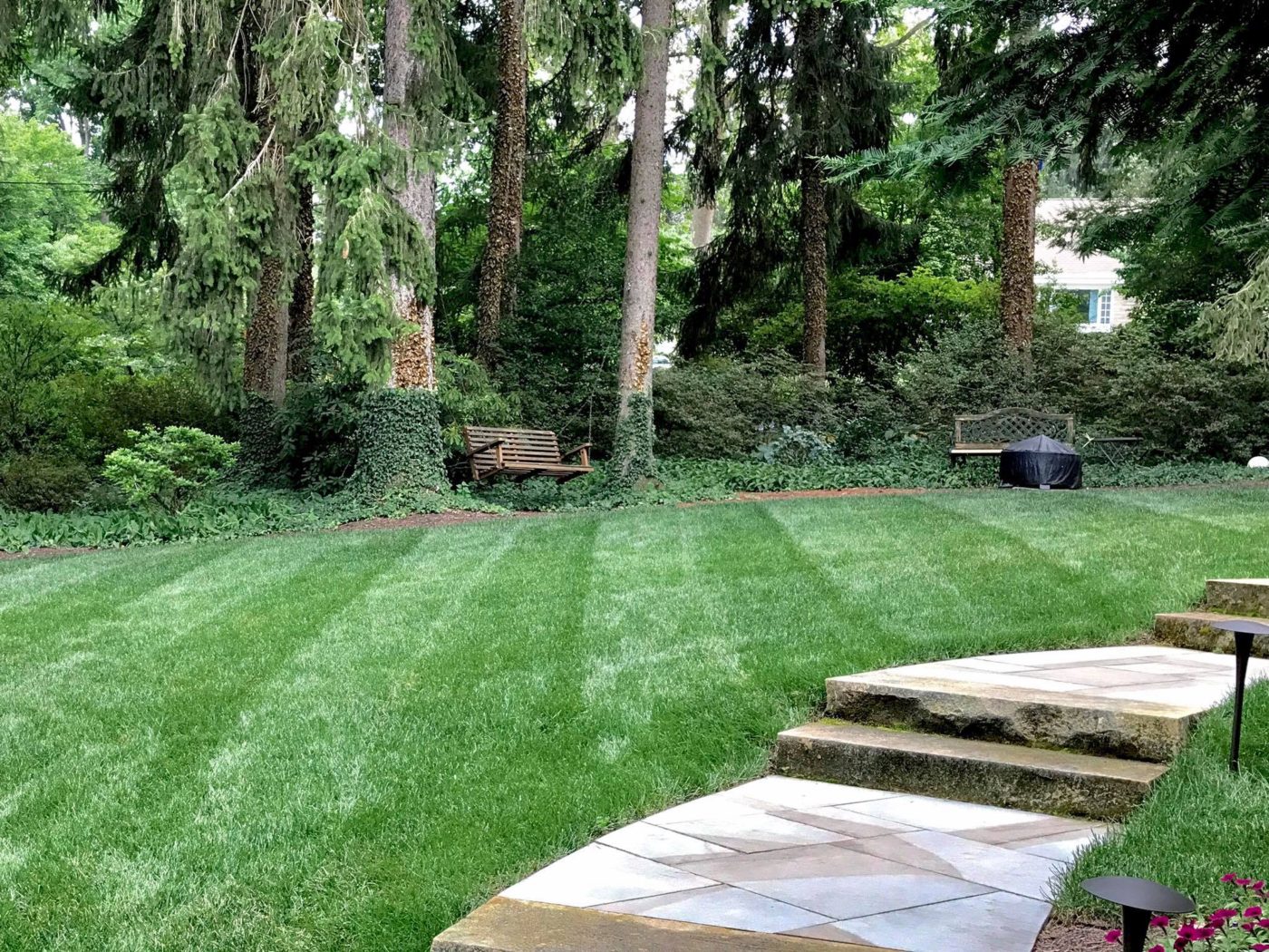 striped lawn next to hardscaped steps