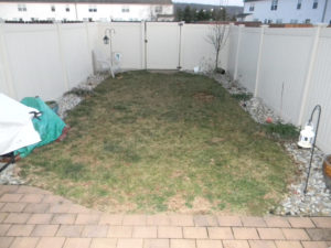 patchy fenced in backyard grass off a paver patio