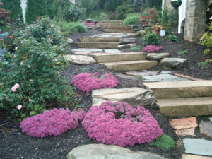 natural stone steps leading up a flower bed