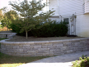 stone retaining wall in front of a raised flower bed with a tree and evergreens