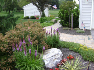 a hardscaped walkway between flower beds