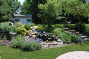 a pondless waterfall mixed into a mulch bed and stone wall. various trees and shrubs are mixed in.