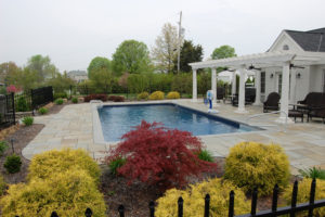 a pool area behind a home. flowerbeds with small evergreens, a japanese maple, and other various shrubs are mixed in