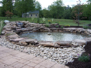 large stone pond in a well maintained backyard area
